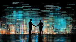 A handshake between two businessmen in a high-tech blue setting symbolizes their digital partnership, highlighting trust and cooperation in the technology field. AI generated A handshake between two businessmen in a high-tech blue setting symbolizes their digital partnership, highlighting trust and cooperation in the technology field. AI generated
