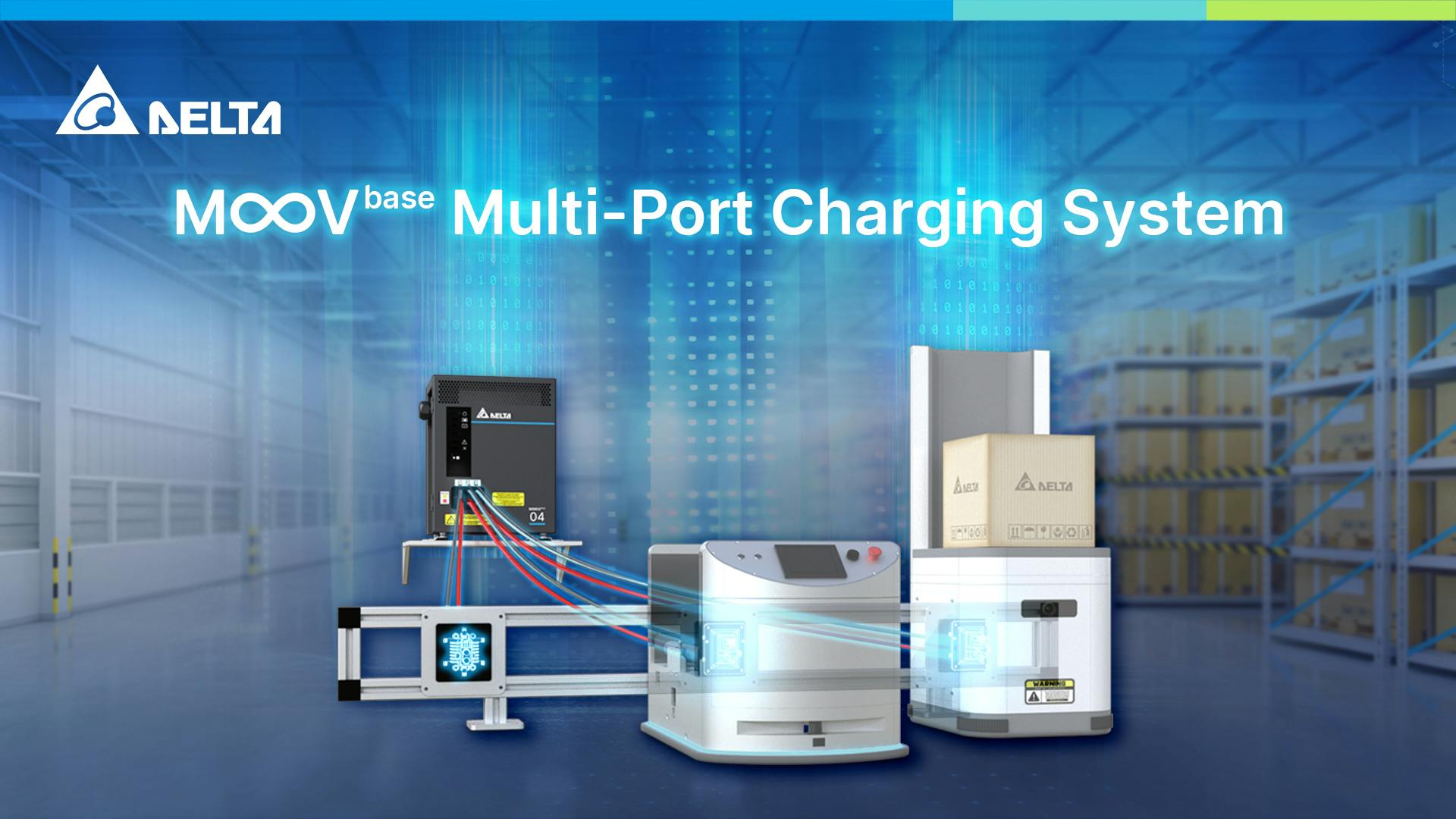 Delta Electronics' Moovbase Multiport charging system for AGVs, AMRs, and batteries.