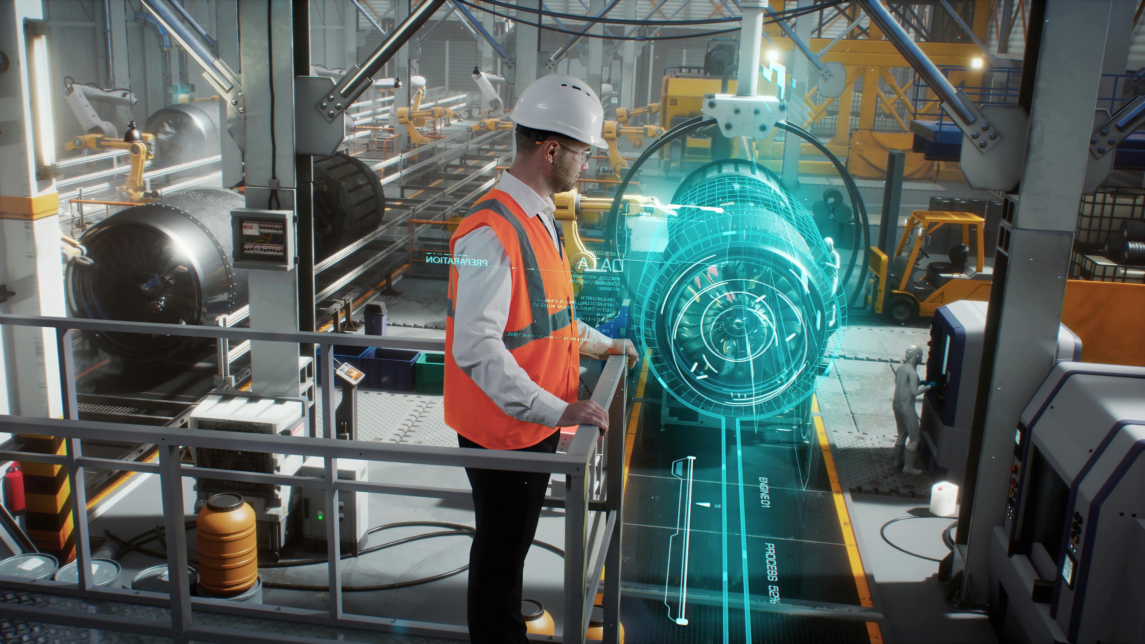 An engineer on a high-tech robotic line for the production of aerospace engines controls information using a modern innovative graphical interface.