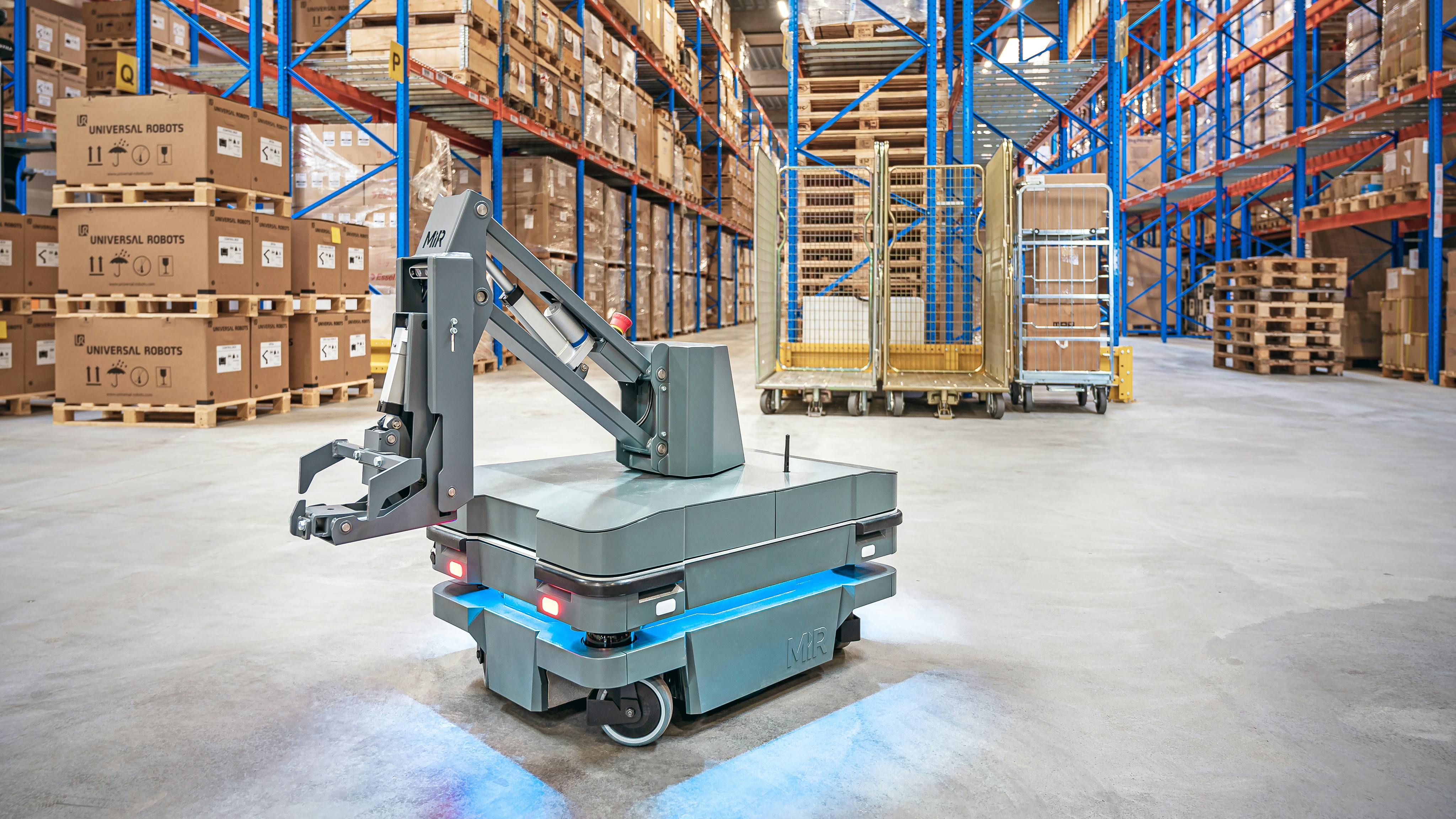 MiR 250 AMR with hook attachment in warehouse