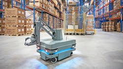 MiR 250 AMR with hook attachment in warehouse MiR 250 AMR with hook attachment in warehouse