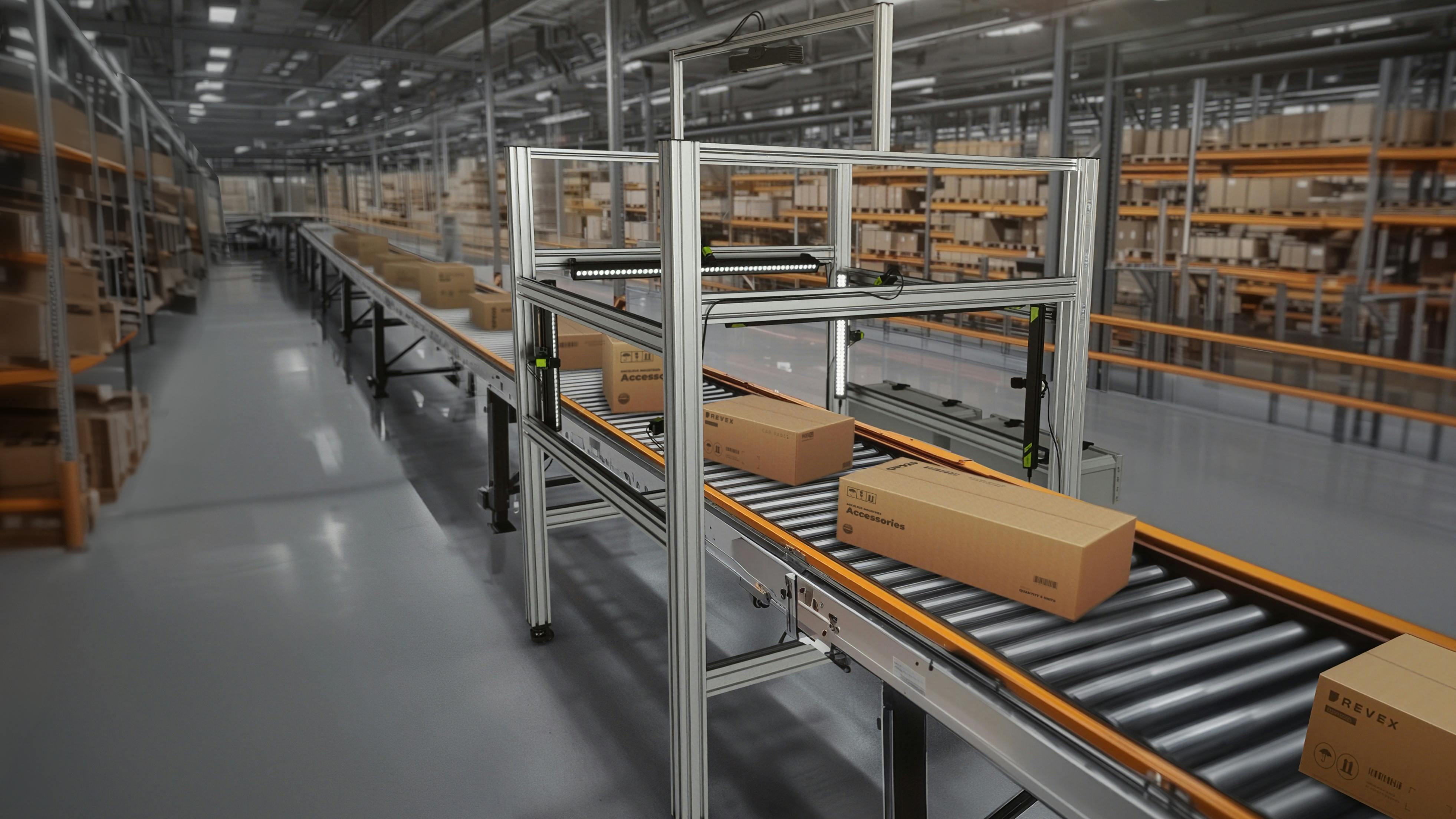 Zebra Technologies' Aurora Velocity Scan Tunnel with packages being scanned on the roller conveyor belt