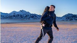 Hypershell X Series PowerSuit exoskeleton for outdoor adventures being worn by a man hiking in the mountains. Hypershell X Series PowerSuit exoskeleton for outdoor adventures being worn by a man hiking in the mountains.