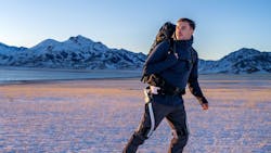 Hypershell X Series PowerSuit exoskeleton for outdoor adventures being worn by a man hiking in the mountains. Hypershell X Series PowerSuit exoskeleton for outdoor adventures being worn by a man hiking in the mountains.