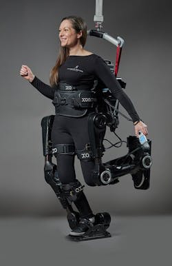 Human in Motion Robotics, Inc.'s XoMotion medical assistive exoskeleton on a woman patient. Human in Motion Robotics, Inc.'s XoMotion medical assistive exoskeleton on a woman patient.