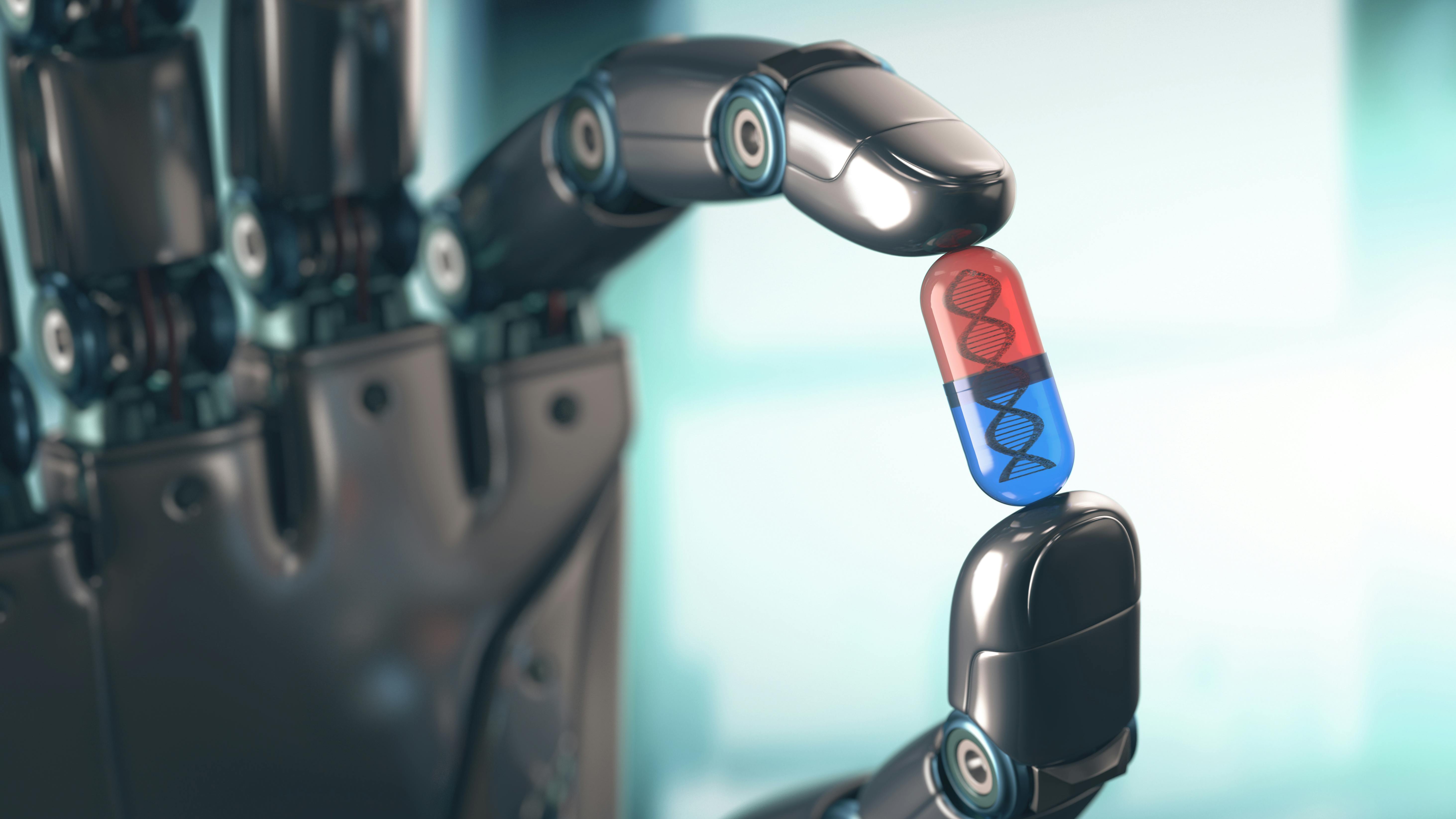 Robot hand holding up smart pill with DNA inside.