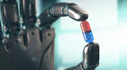 Robot hand holding up smart pill with DNA inside.