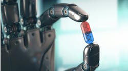 Robot hand holding up smart pill with DNA inside. Robot hand holding up smart pill with DNA inside.