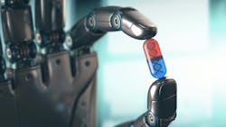 Robot hand holding up smart pill with DNA inside. Robot hand holding up smart pill with DNA inside.
