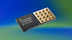 Nordic Semiconductor, Inc.'s nPM2100 Power Management IC showing the front and back together on an abstract blue and green background. Nordic Semiconductor, Inc.'s nPM2100 Power Management IC showing the front and back together on an abstract blue and green background.