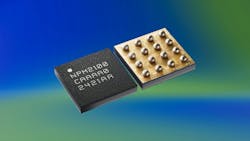 Nordic Semiconductor, Inc.'s nPM2100 Power Management IC showing the front and back together on an abstract blue and green background. Nordic Semiconductor, Inc.'s nPM2100 Power Management IC showing the front and back together on an abstract blue and green background.