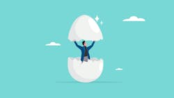 Illustration of man hatching out of white eggshell with a blue sky background and two clouds. A concept of 'firsts' or new. Illustration of man hatching out of white eggshell with a blue sky background and two clouds. A concept of 'firsts' or new.