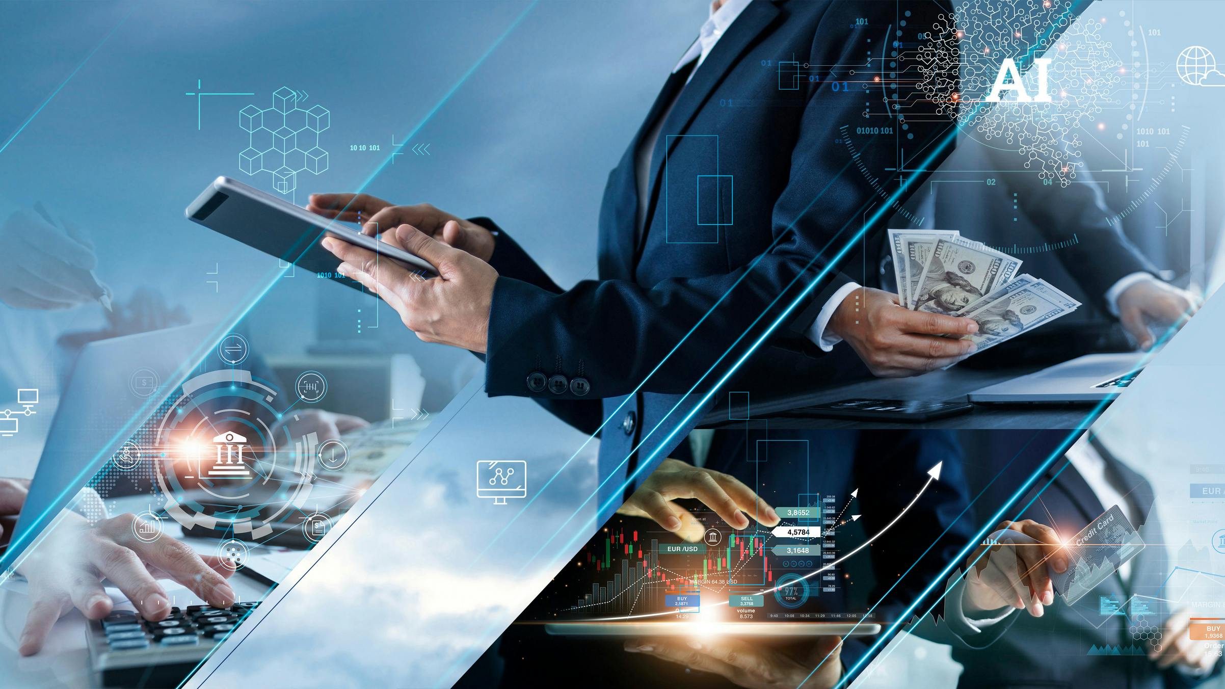 Business concept with workers looking at data, using calculators, stock charts, banking, etc.