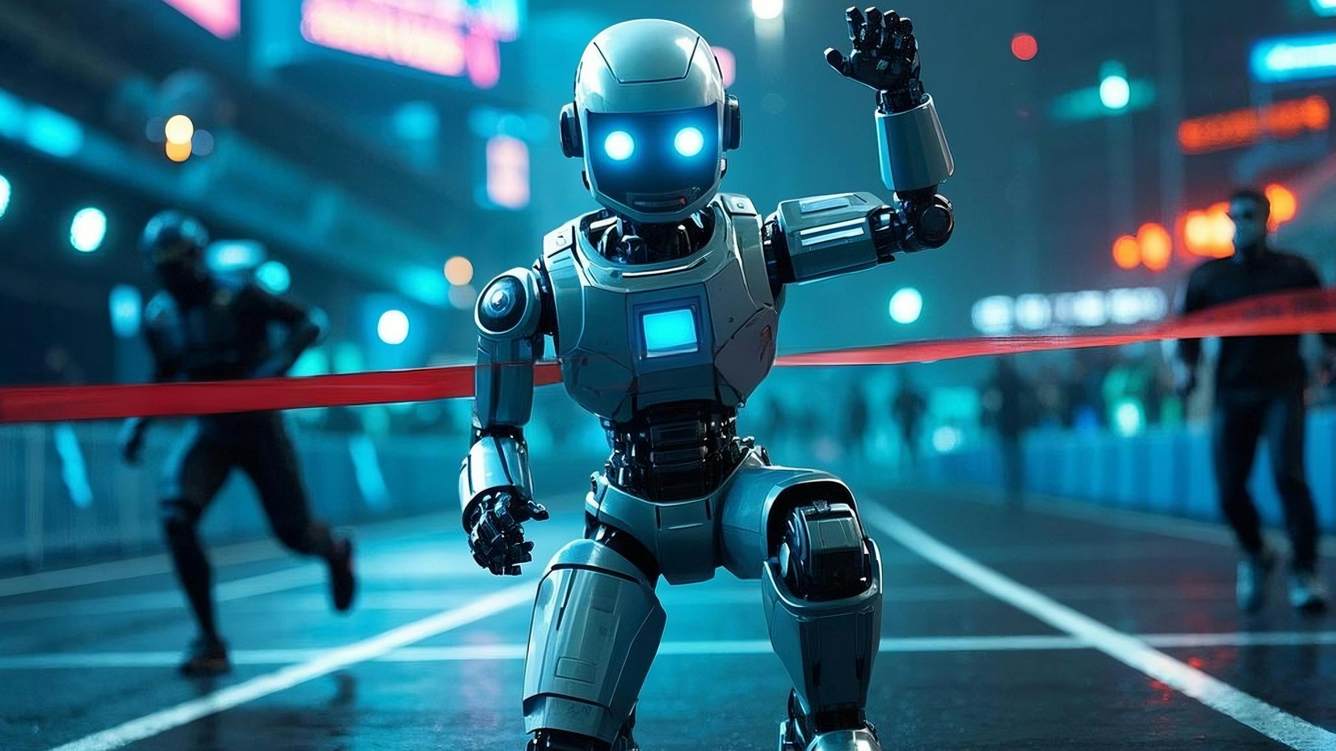 Conceptual illustration of a humanoid robot crossing the finish line&mdash;symbolizing the ambition, balance, and spectacle of the World Humanoid Robot Games.