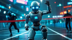 Conceptual illustration of a humanoid robot crossing the finish line—symbolizing the ambition, balance, and spectacle of the World Humanoid Robot Games. Conceptual illustration of a humanoid robot crossing the finish line—symbolizing the ambition, balance, and spectacle of the World Humanoid Robot Games.