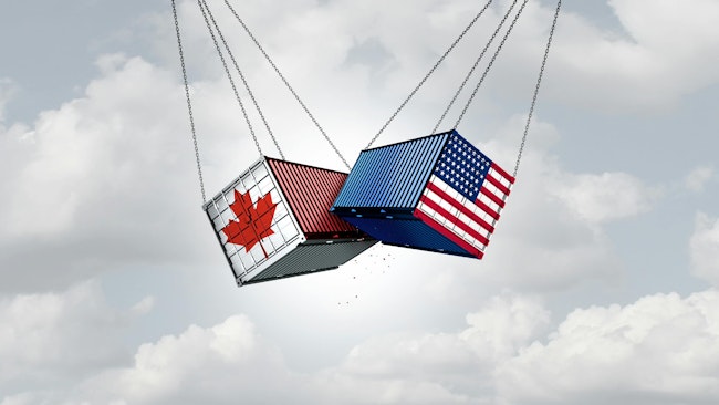 USA Canada Trade War concept with cargo containers hitting eachother
