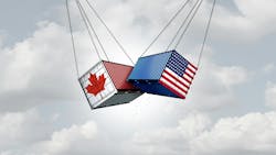 USA Canada Trade War concept with cargo containers hitting eachother USA Canada Trade War concept with cargo containers hitting eachother