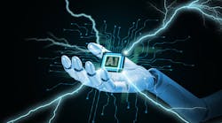 Computing power technology and performance concept. Super powerful CPU or microchip in the hand of a robot or AI, artificial intelligence, with lightning bolts, sparks of electricity. Computing power technology and performance concept. Super powerful CPU or microchip in the hand of a robot or AI, artificial intelligence, with lightning bolts, sparks of electricity.