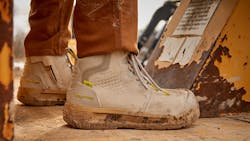 Close-up of Grey Xtend Safety Boots being worn in outdoor, dusty environment. Close-up of Grey Xtend Safety Boots being worn in outdoor, dusty environment.