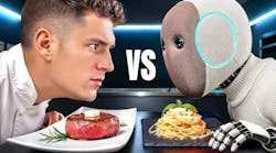 Chef Nick DiGiovanni facing off against a humanoid robot Chef Nick DiGiovanni facing off against a humanoid robot