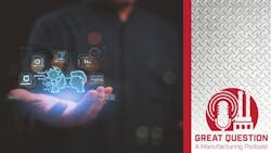 Business automation concept hologram held in man's hand with the Great Question: A Manufacturing Podcast logo Business automation concept hologram held in man's hand with the Great Question: A Manufacturing Podcast logo