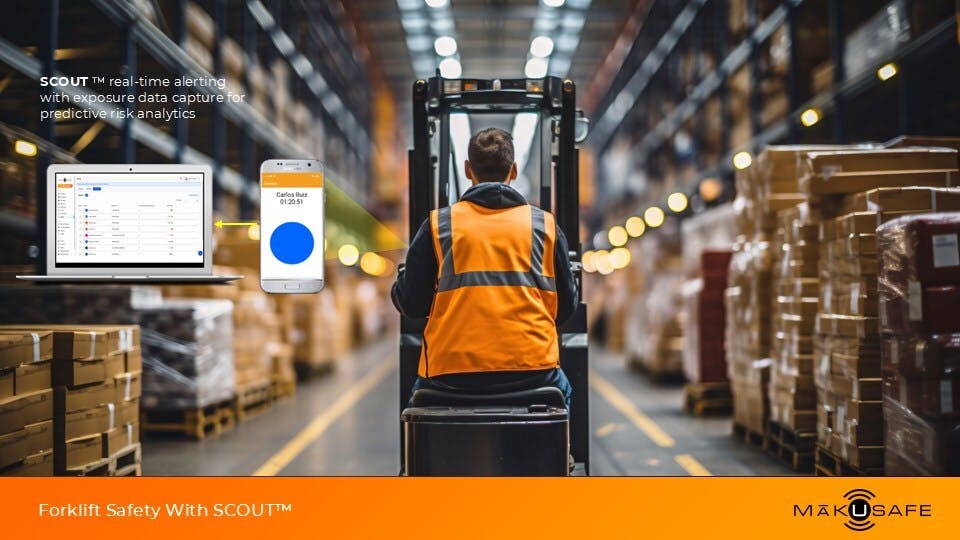 Warehouse worker operating forklift with M&amacr;kuSafe Scout platform overlayed
