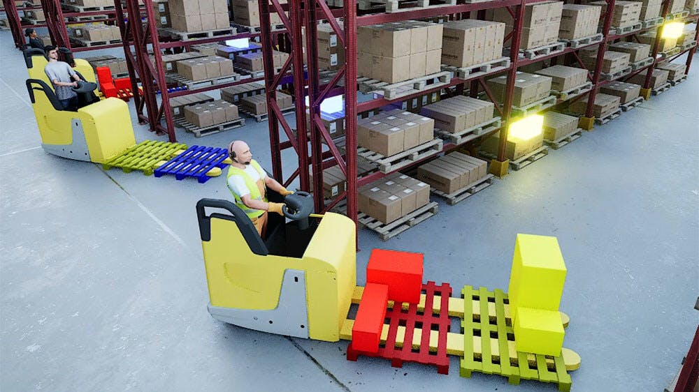 Illustration of workers riding pallet trucks to pick orders in a warehouse.