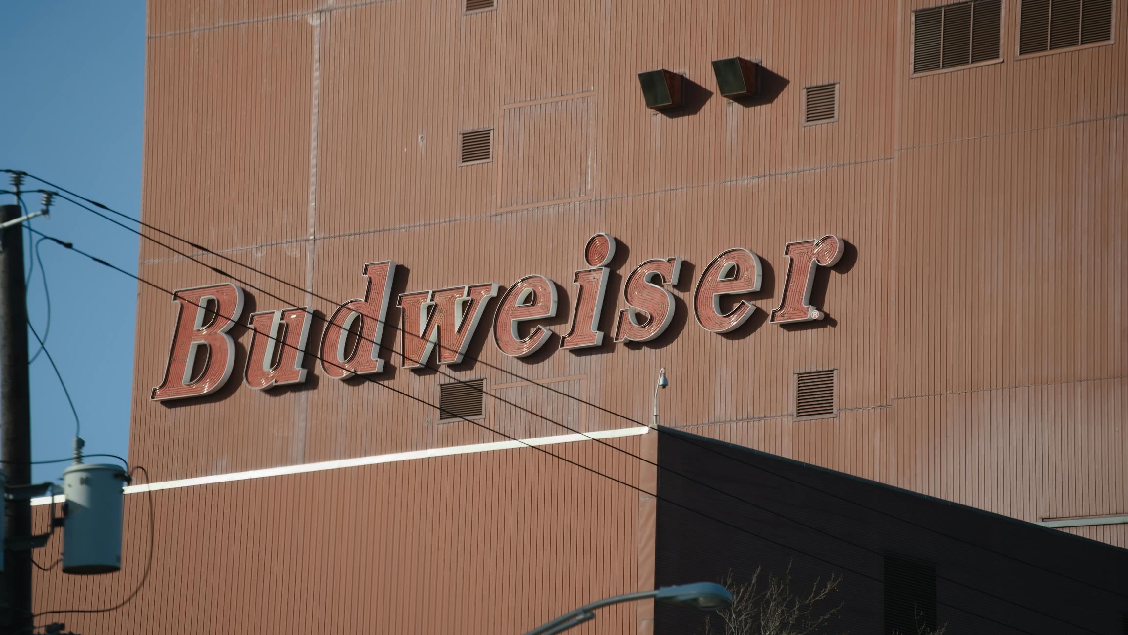 Budweiser beer brand logo on the Anheuser-Busch Newark, NJ, brewery.