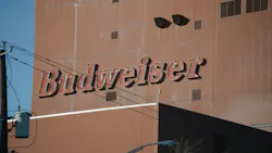 Budweiser beer brand logo on the Anheuser-Busch Newark, NJ, brewery.