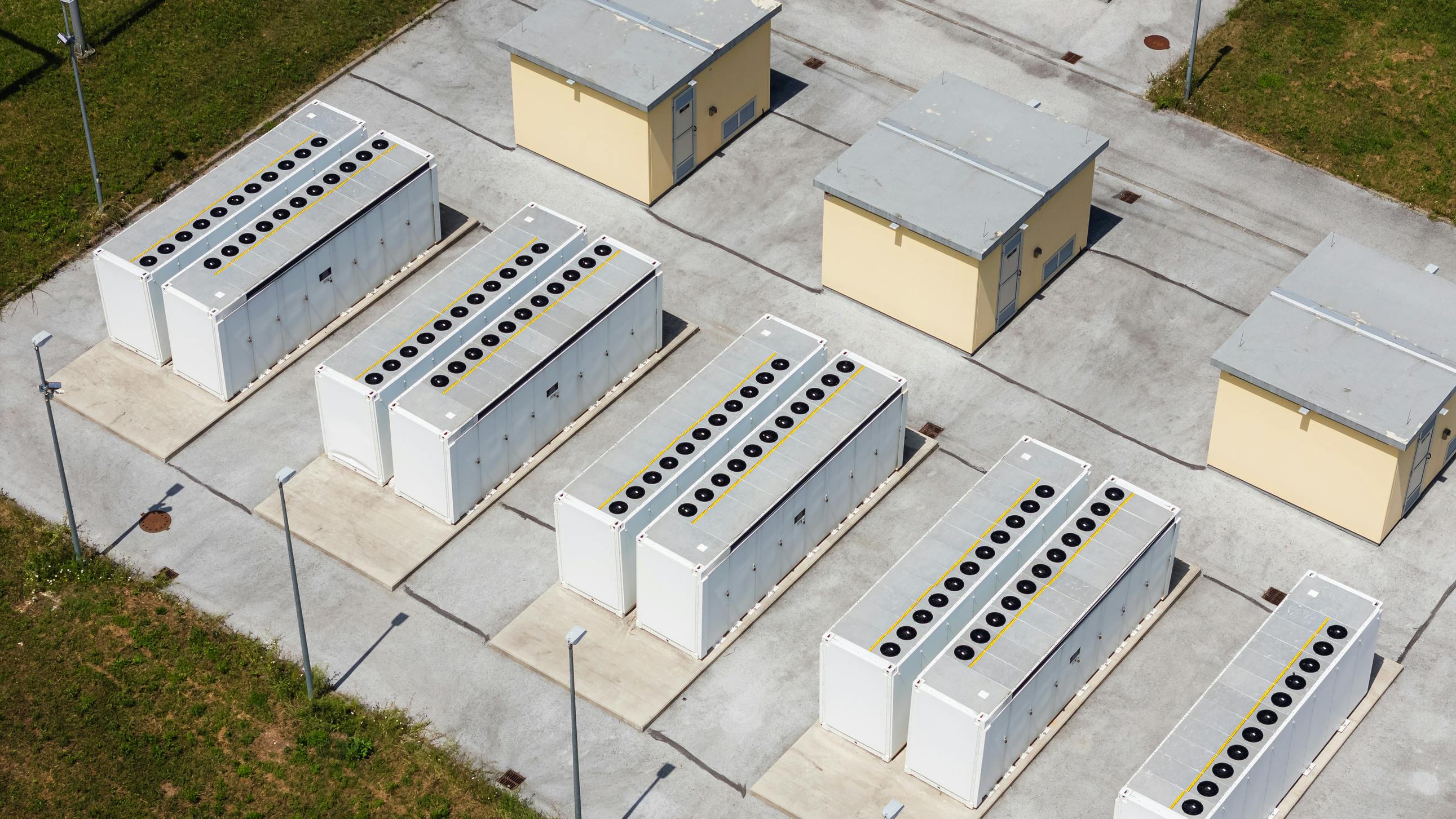 Battery energy storage system BESS layout captured in aerial view.