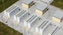 Battery energy storage system BESS layout captured in aerial view.